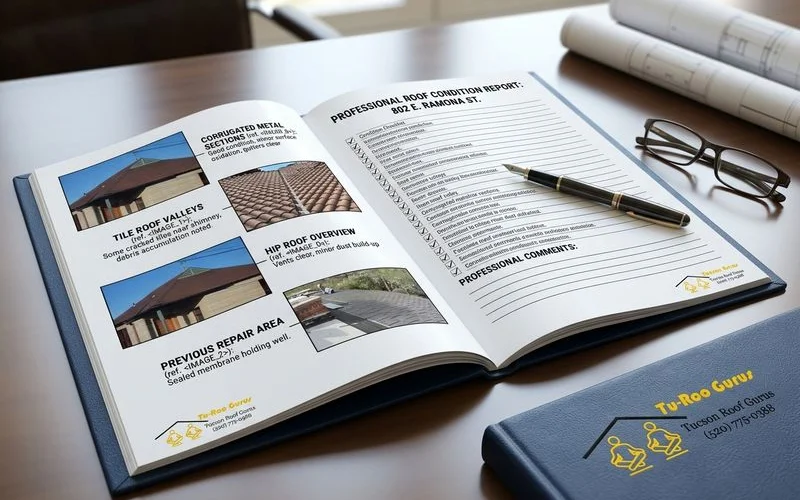 Detailed maintenance report being prepared with photos of roof condition