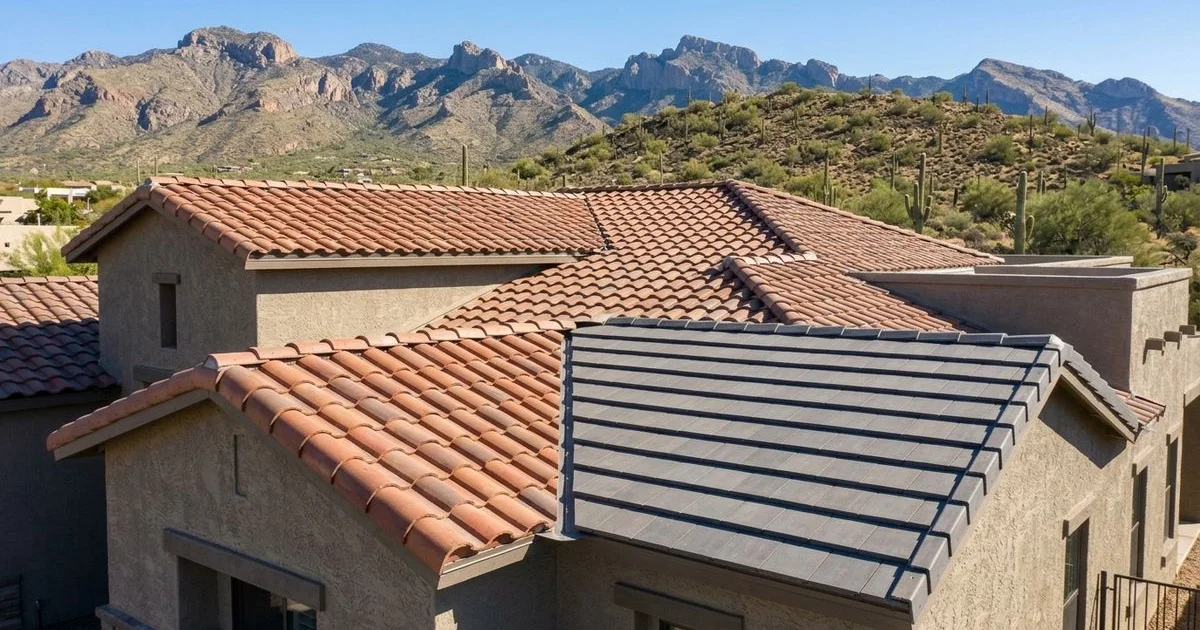 Clay and concrete tile roofing samples on a Tucson home with desert mountains