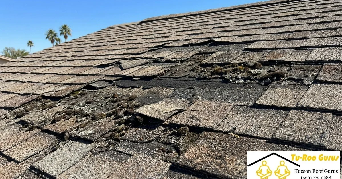 Close up of damaged roof shingles showing warning signs of needed repair in Tucson