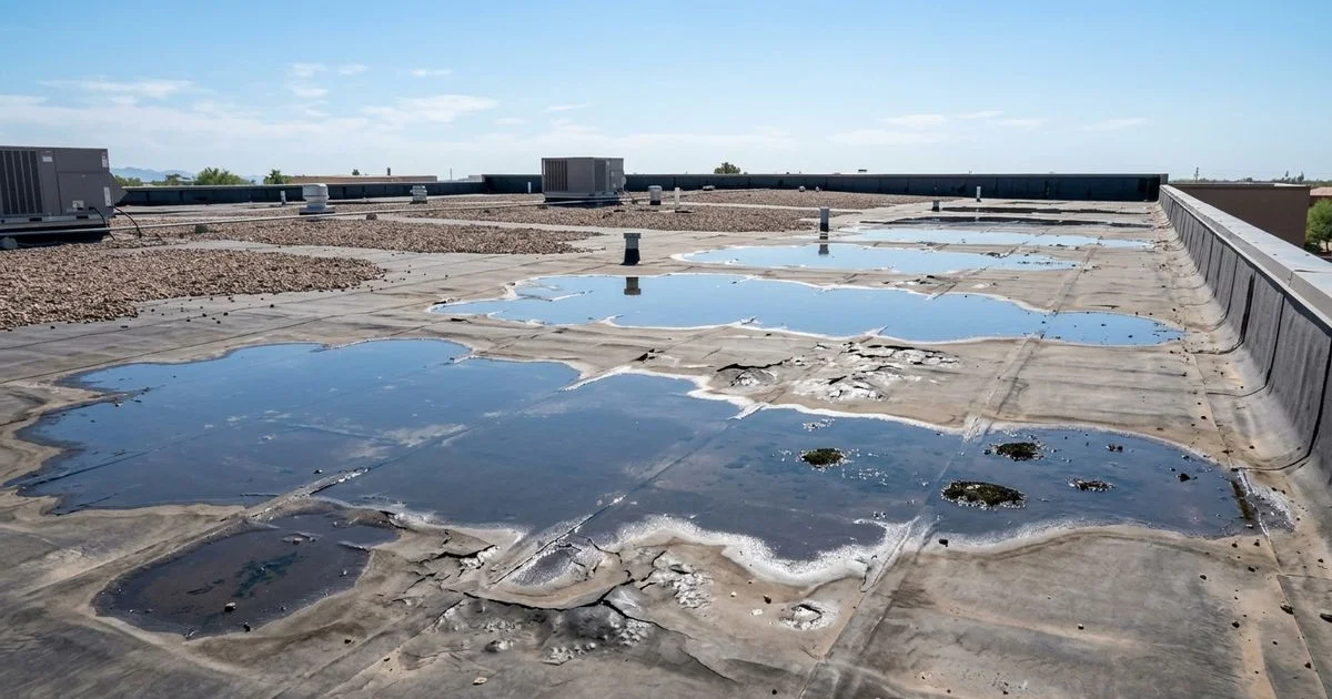 Flat roof with visible ponding water and membrane damage on a Tucson commercial building