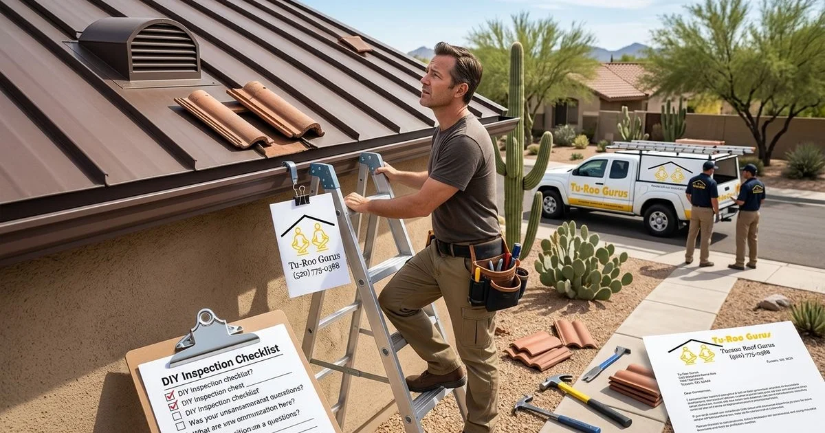 Homeowner on ladder looking at roof damage considering DIY repair versus hiring a professional