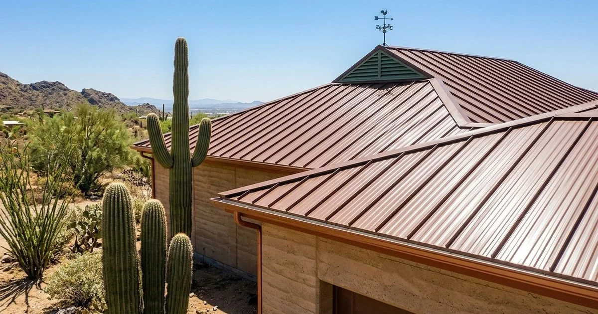 Metal roof shining under bright Arizona desert sun with saguaro cactus landscape