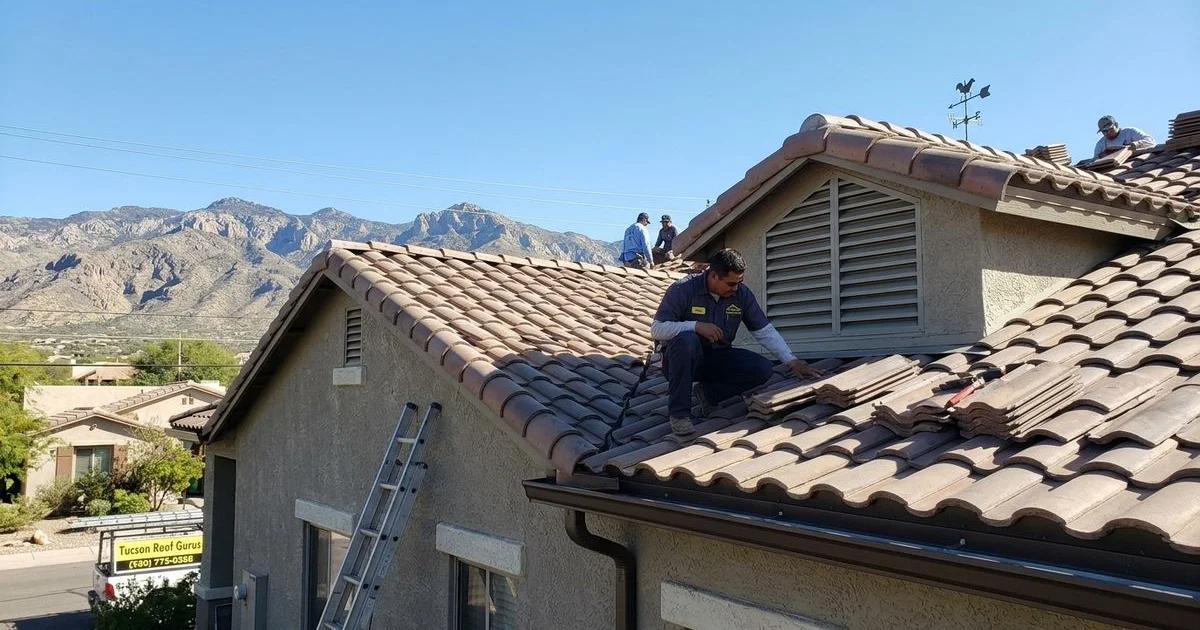 Professional roofer inspecting a tile roof during a clear Tucson morning with mountain views