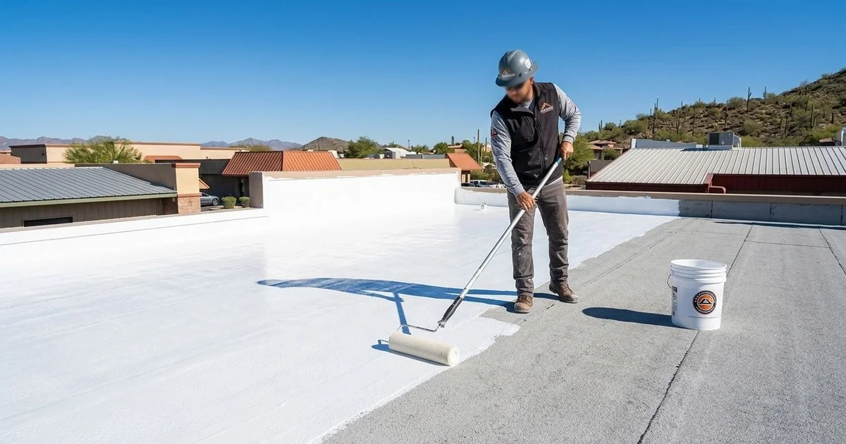 Reflective white roof coating being applied to a flat commercial roof in Tucson Arizona