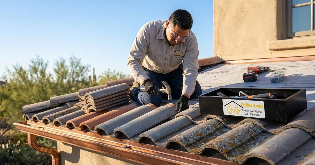 Roofing professional repairing tile roof on a Tucson home with tools and materials