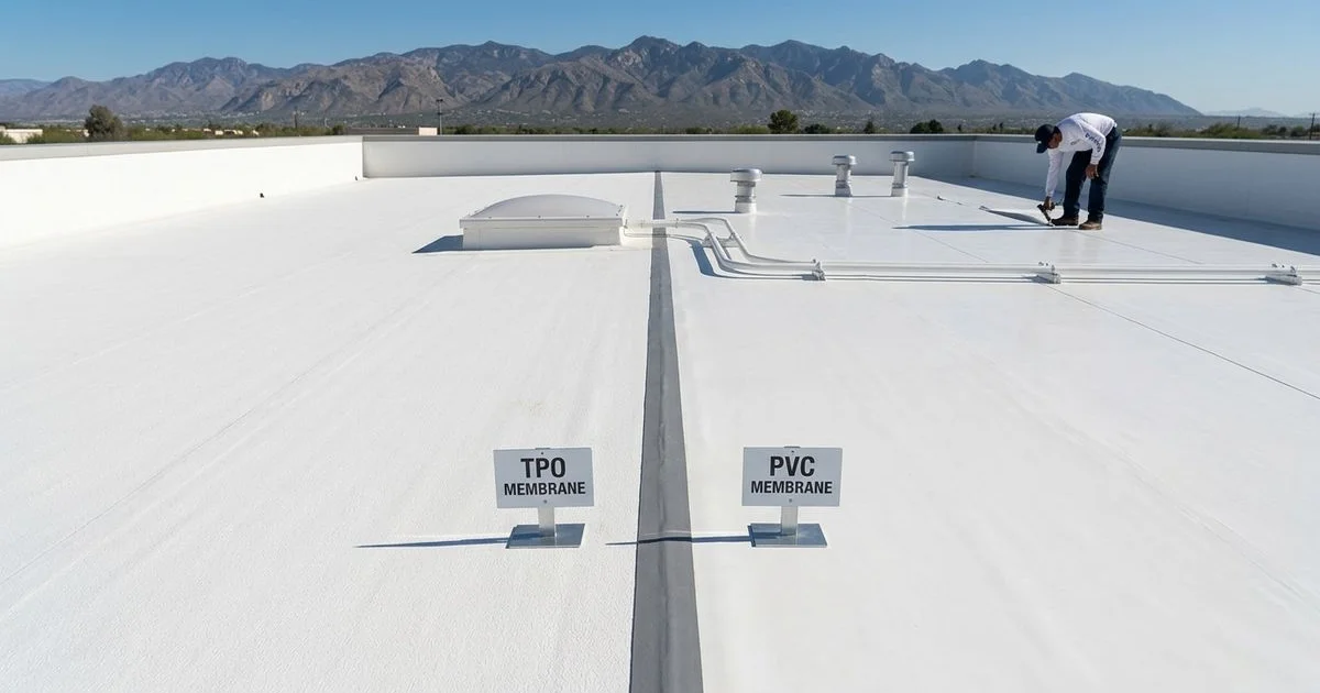 Side by side comparison of TPO and PVC flat roof membranes on a Tucson commercial building