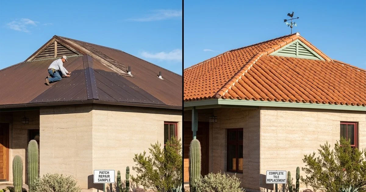 Split view comparing roof repair patch work and full roof replacement on a Tucson home