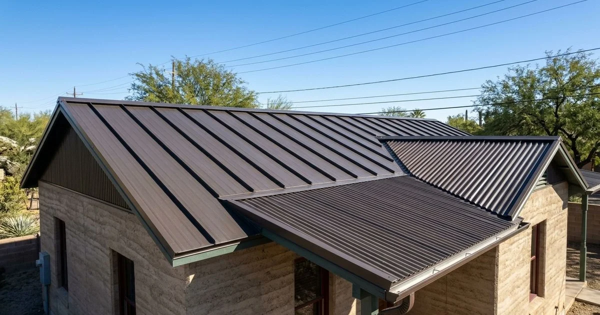 Standing seam and corrugated metal roofing panels side by side on a Tucson home