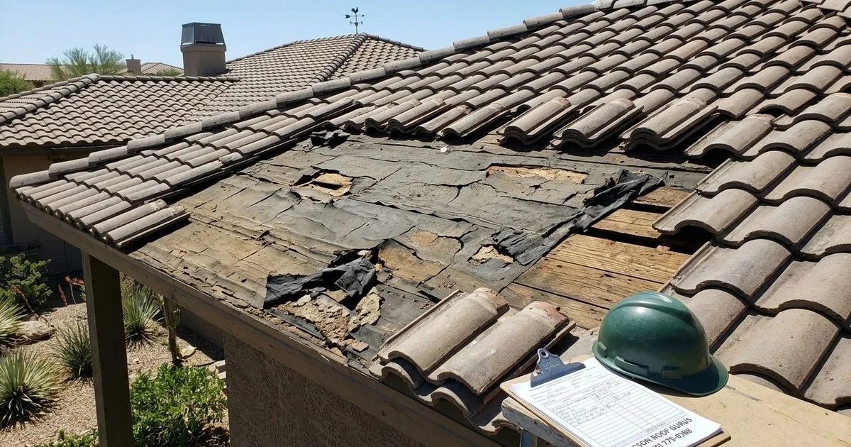 Tucson tile roof with visible underlayment deterioration beneath intact tiles