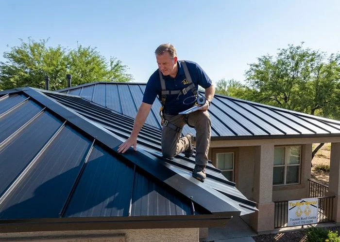 Kevin Bayes, owner of Tucson Roof Gurus, inspecting a completed metal roof installation