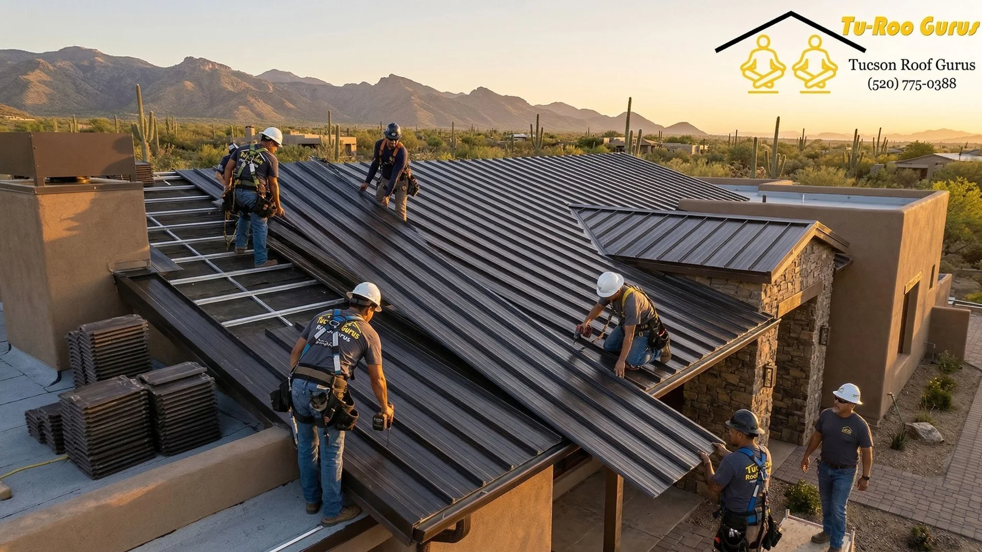 Tucson Roof Gurus crew installing metal roof panels on a residential home with Sonoran Desert mountains in background